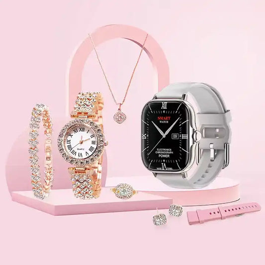Elegant 6 IN 1 Unisex Smartwatch Gift Sets with Women Jewelry Sets For Womens