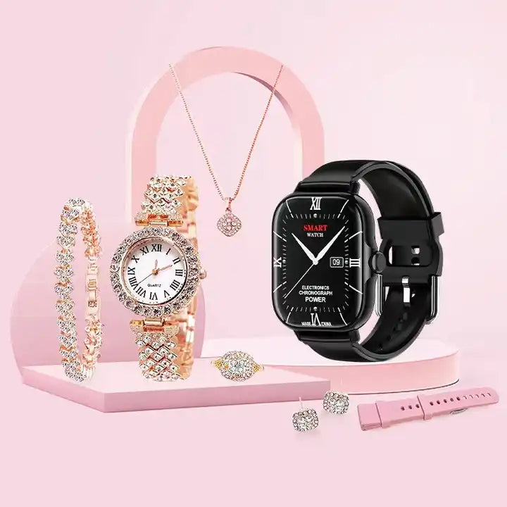 Elegant 6 IN 1 Unisex Smartwatch Gift Sets with Women Jewelry Sets For Womens