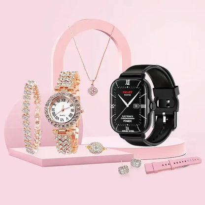 Elegant 6 IN 1 Unisex Smartwatch Gift Sets with Women Jewelry Sets For Womens